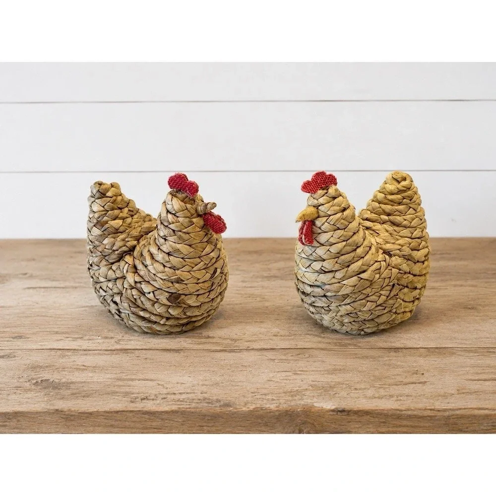 Braided Woven Straw Hen Pair Of 2 Farmhouse Table Decor